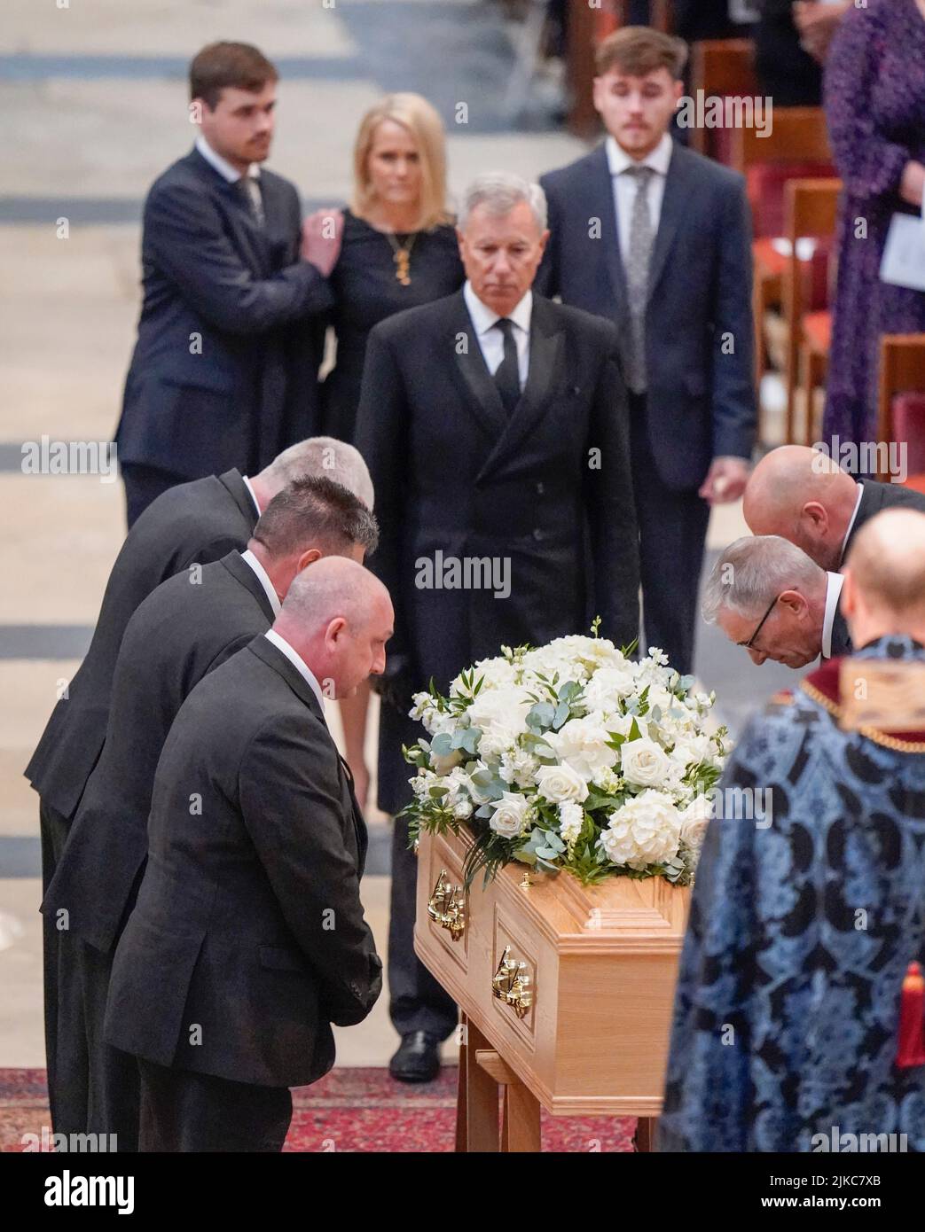 Harry Gration's widow Helen Chene with sons Harrison (left) and Harvey (right) at a service of thanksgiving for the BBC presenter at York Minster in York. Picture date: Monday August 1, 2022. Stock Photo