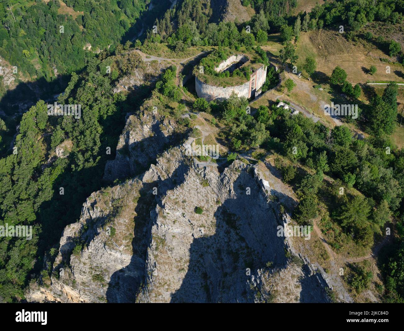 AERIAL VIEW. Neghino Fort on a location above the Stura di Demonte Valley. Vinadio, Province of Cuneo, Piedmont, Italy. Stock Photo