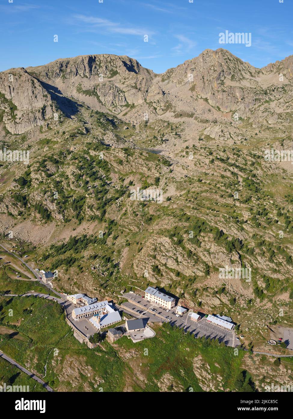 AERIAL VIEW. Sanctuary located in a remote location at 2035 meters asl. Sant'Anna Sanctuary, Vinadio, Province of Cuneo, Piedmont, Italy. Stock Photo