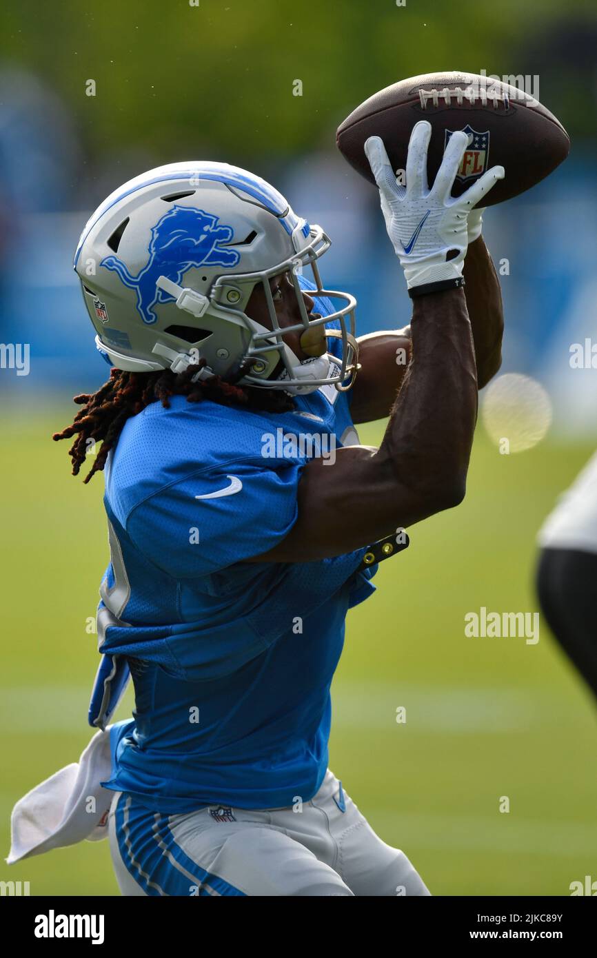 ALLEN PARK, MI - AUGUST 05: Detroit Lions WR Kalil Pimpleton (83) in action  during Lions training camp on August 5, 2022 at Detroit Lions Training Camp  in Allen Park, MI (Photo