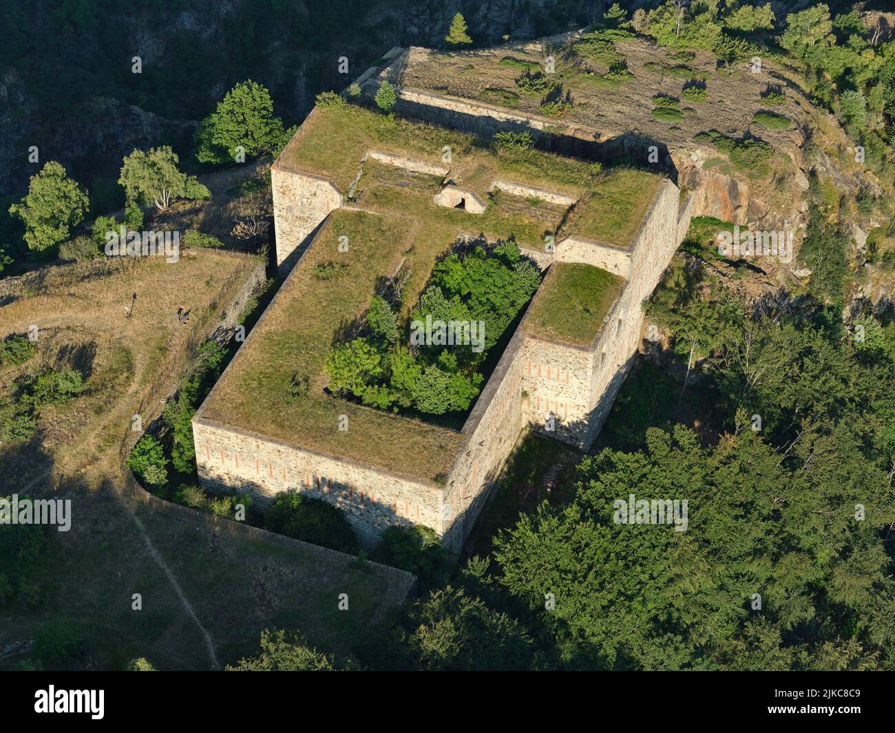 AERIAL VIEW. Serziera Battery perched above the Stura di demonte Valley. Vinadio, Province of Cuneo, Piedmont, Italy. Stock Photo