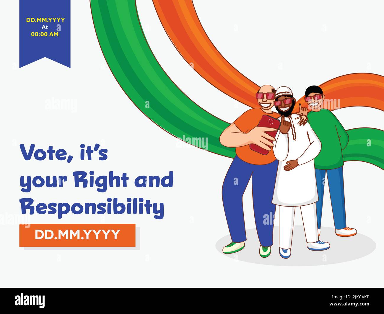 Vote, It's Your Rights And Responsibility Font With Voter Men Showing Index Finger And Take Selfie From Smartphone On Tricolor Wave Background. Stock Vector