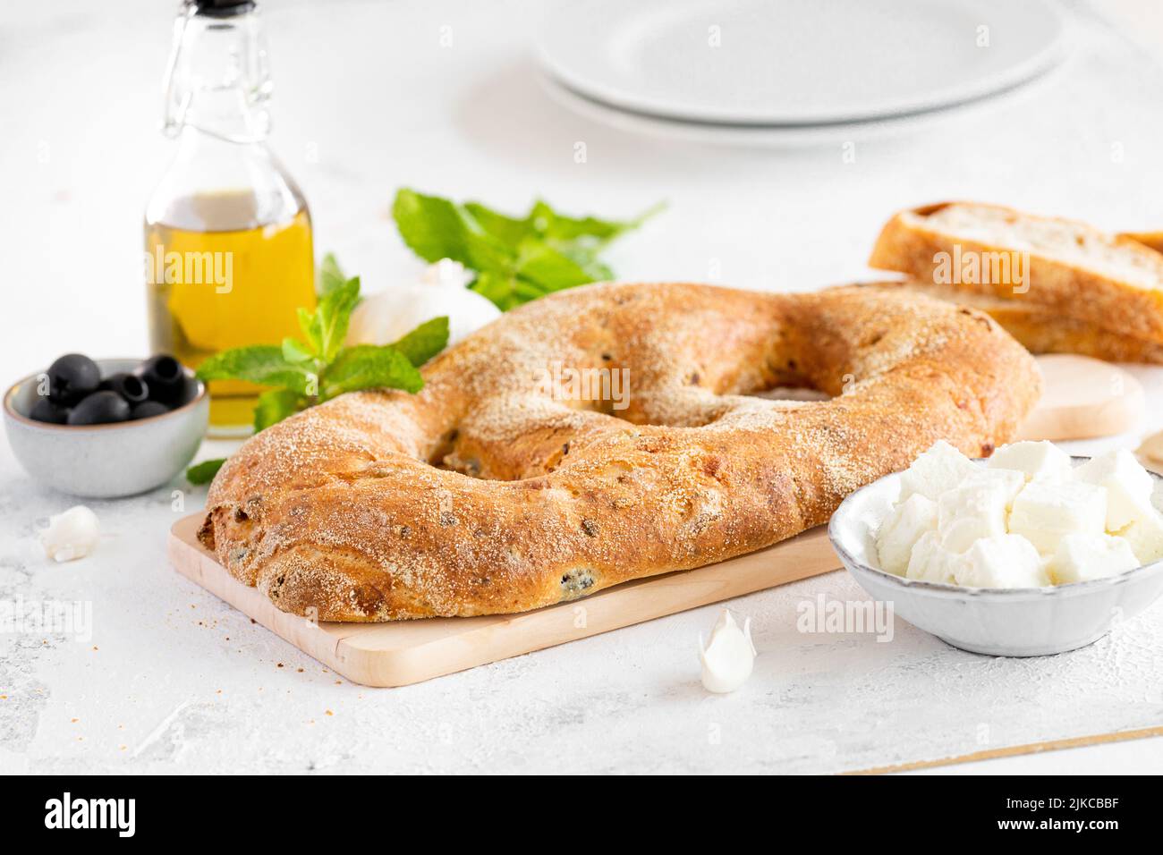 Mediterranean Bread with olives, oil for BBQ isolated  Stock Photo