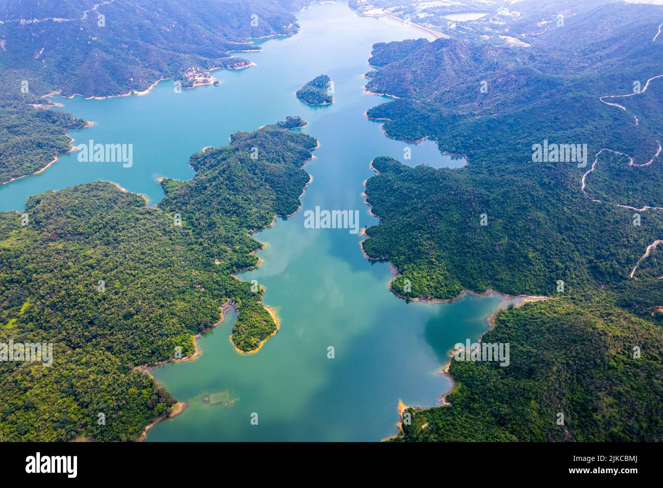 An aerial view of a scenic forest lake surrounded with trees Stock ...