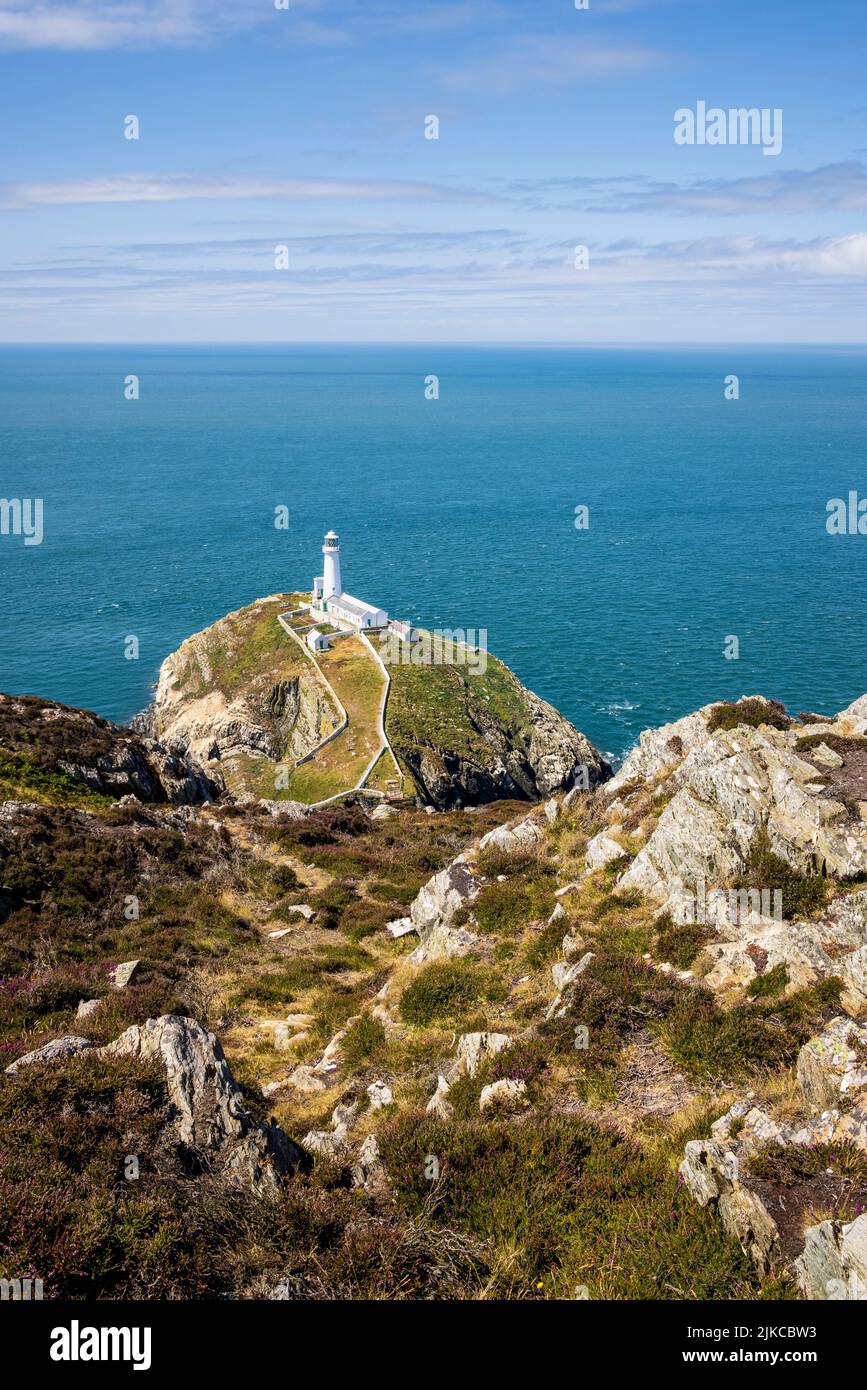 The South Stacks Lighthouse from the ascent to Holyhead Mountain, Anglesey, North Wales Stock Photo
