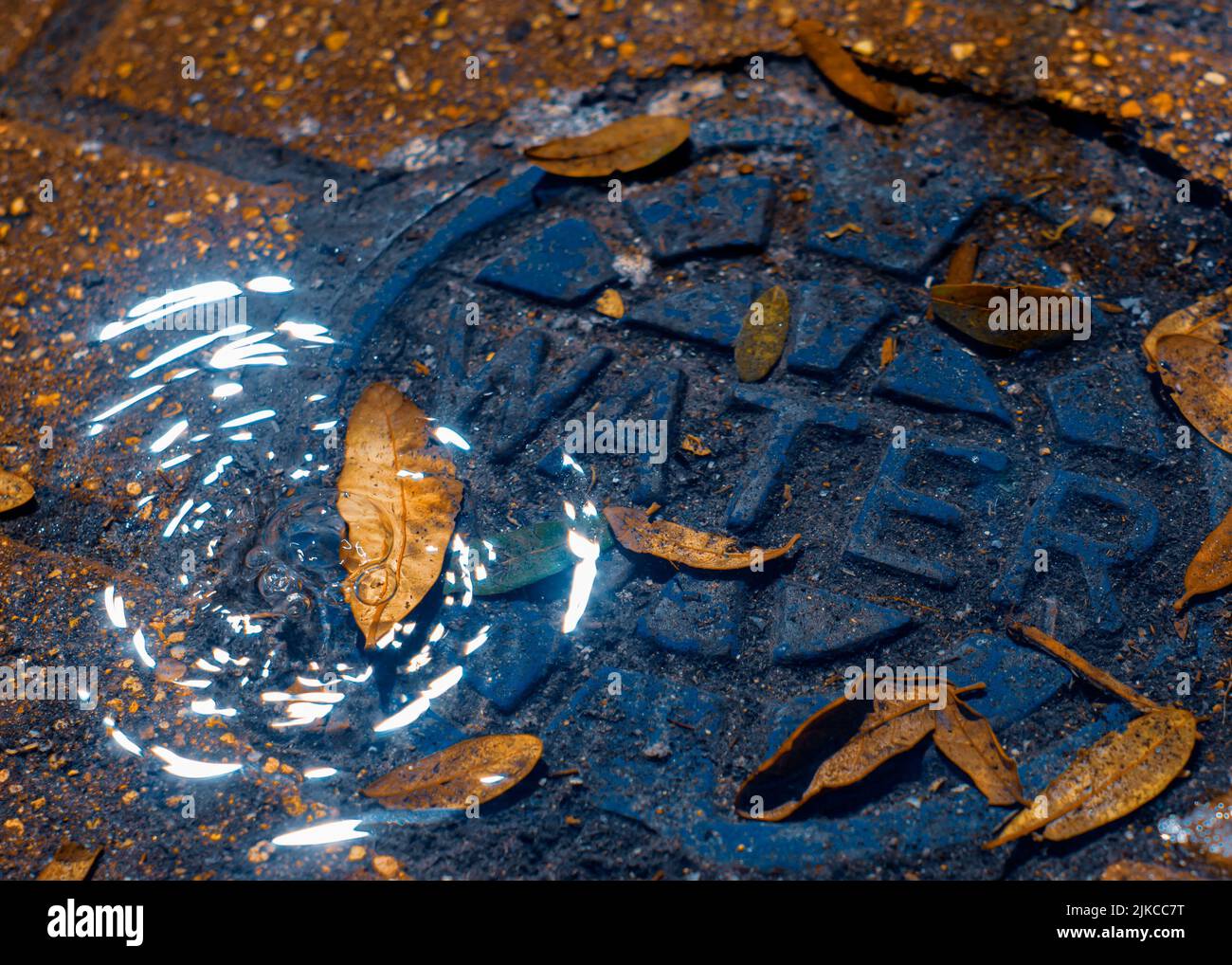 A leaking water valve cover in blue Stock Photo Alamy