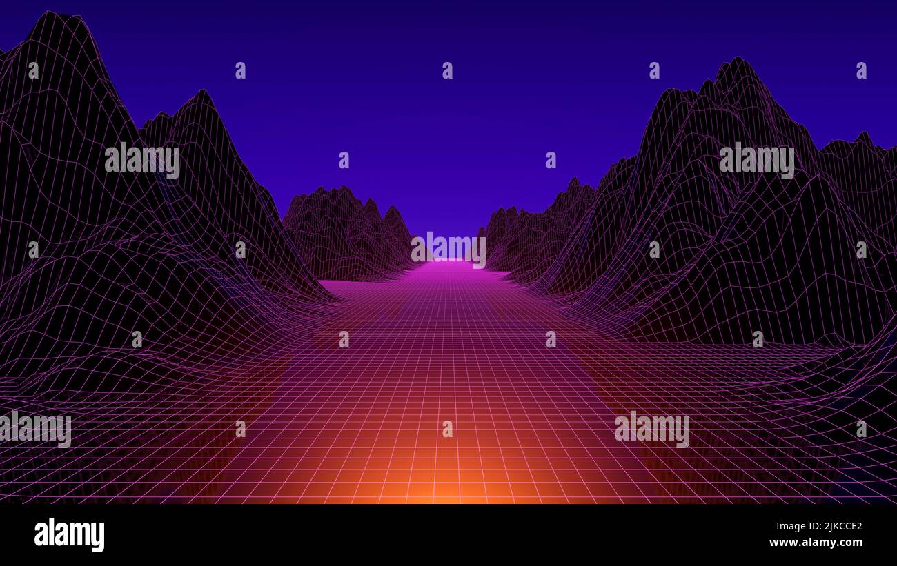 3d neon futuristic landscape with grid and mountains. Synthwave, cyberpunk, 80s game concept background. . High quality 3d illustration Stock Photo