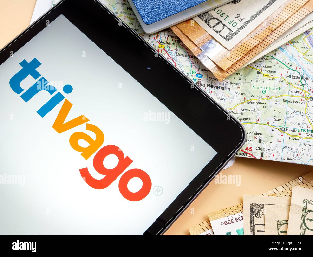 KYIV, UKRAINE - July 21, 2022.Tablet with trivago logo and map. Stock Photo