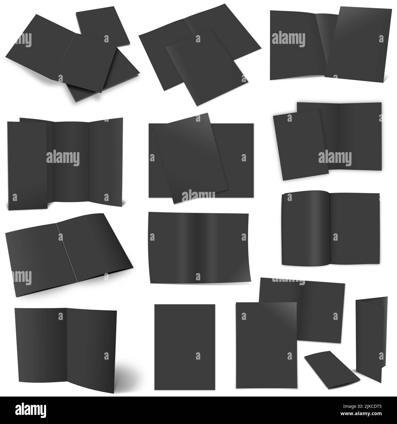 Thirteen black brochures for layouts and presentation design. 3D rendering. Digitally Generated Image. Isolated on white background. Stock Photo