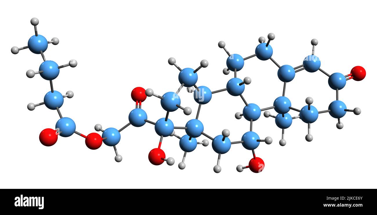 3D image of Hydrocortisone butyrate skeletal formula - molecular chemical structure of Hydrocortisone medication isolated on white background Stock Photo