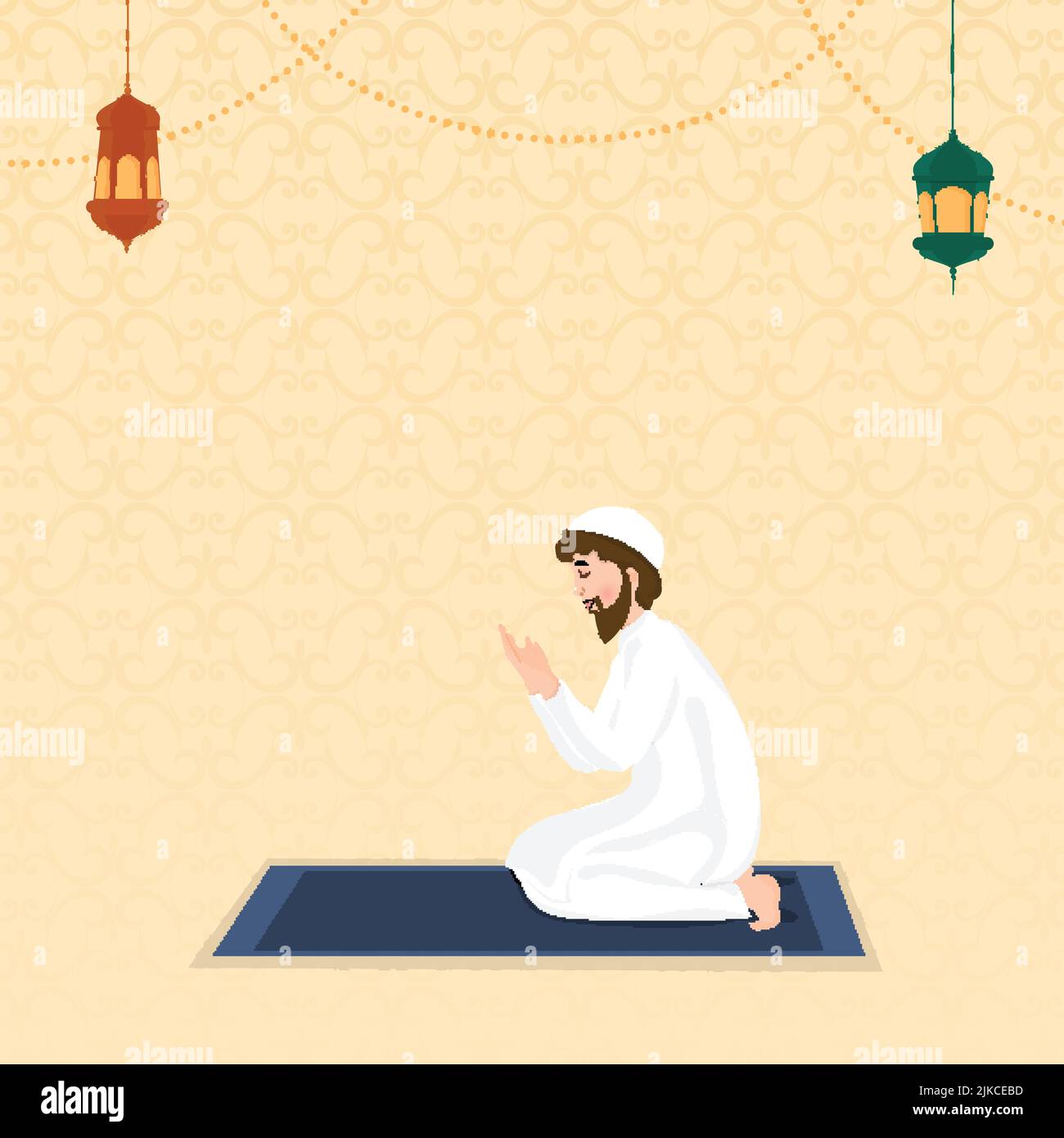 Side View Of Islamic Man Offering Namaz (Prayer) At Mat And Arabic