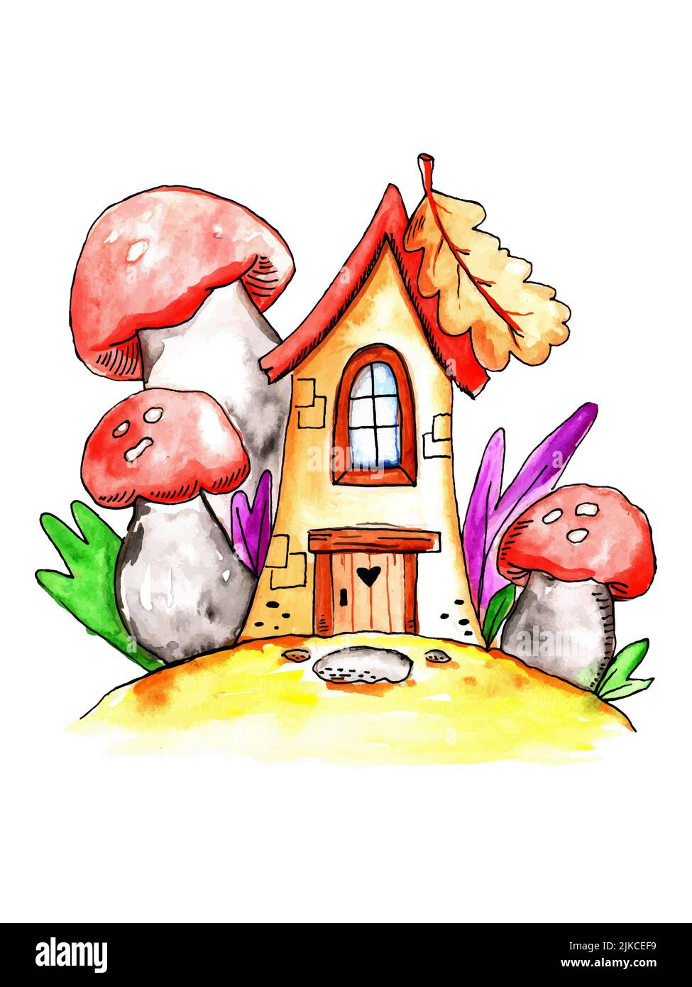 Watercolor illustration of forest house. Fairy tale home in mushrooms ...