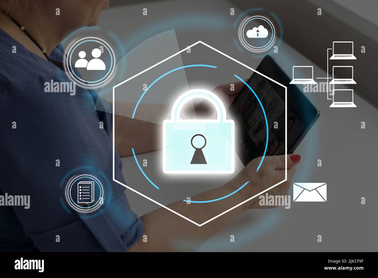 Digital padlock icon, cyber security network and data protection technology on virtual interface screen. Online internet authorized access against Stock Photo