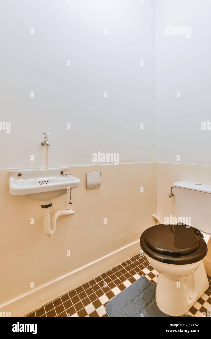 Interior of narrow restroom with sink and wall hung toilet with white