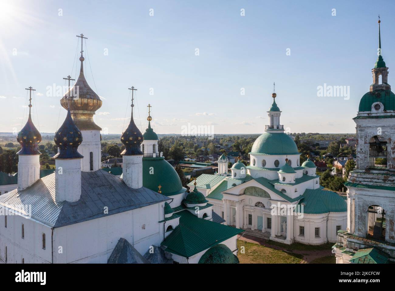 Aerial view of the Spaso-Yakovlevsky Dimitriev monastery from the lake Nero in Rostov The Great town, Russia Stock Photo