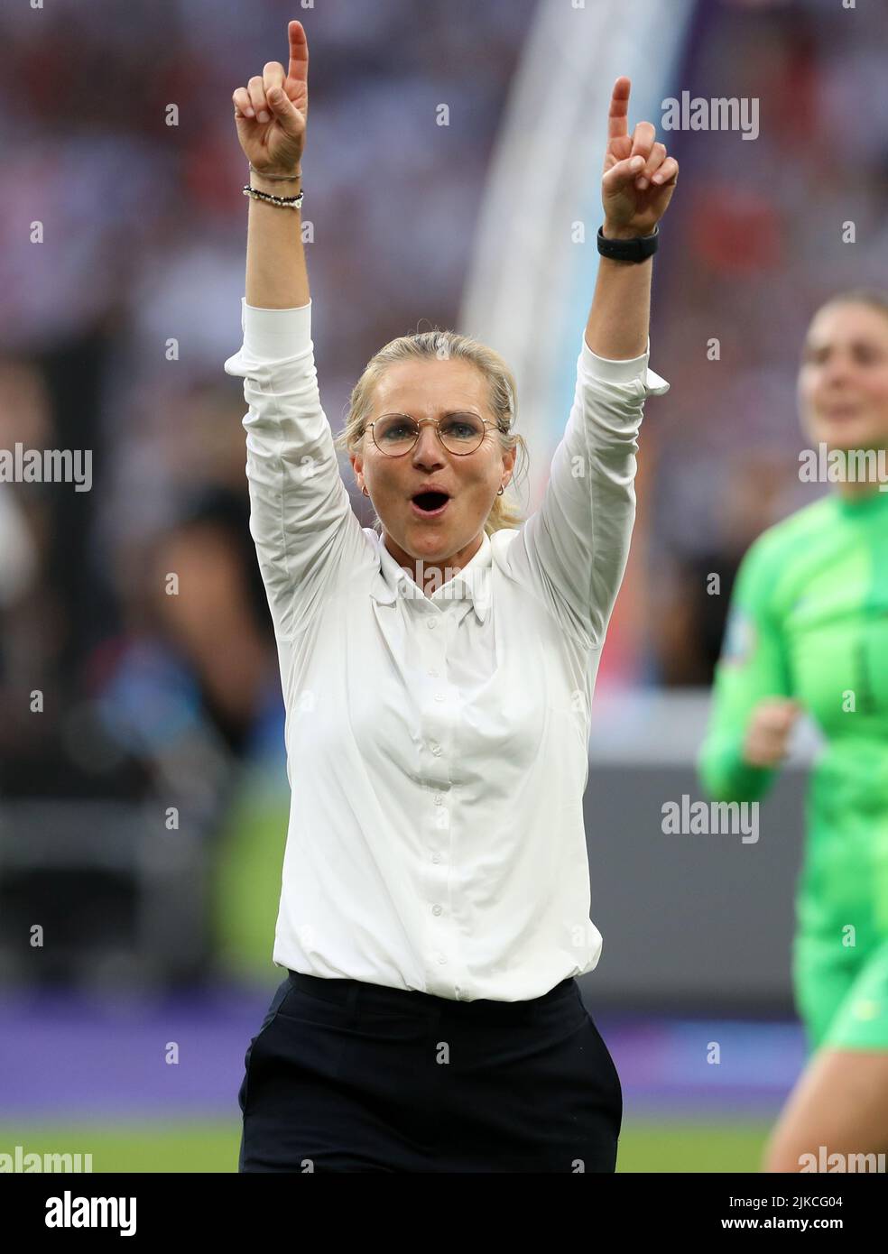 London, England, 31st July 2022. Sarina Wiegman manager of England celebrates after the UEFA Women's European Championship 2022 match at Wembley Stadium, London. Picture credit should read: Paul Terry / Sportimage Stock Photo