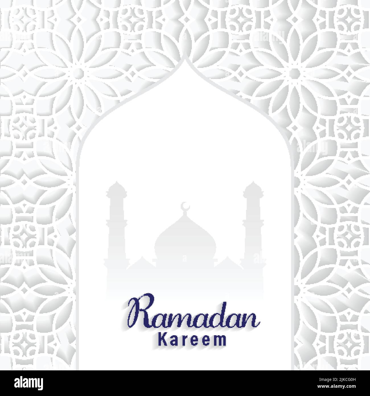 Blue Ramadan Kareem Text With Silhouette Mosque On White Laser Cut Islamic Pattern Background. Stock Vector