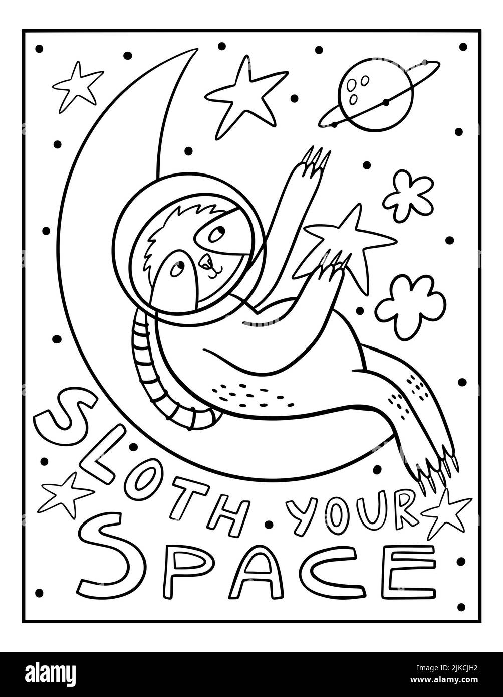 Cute cartoon coloring page with sloth. Coloring poster with sleeping sloth Stock Photo