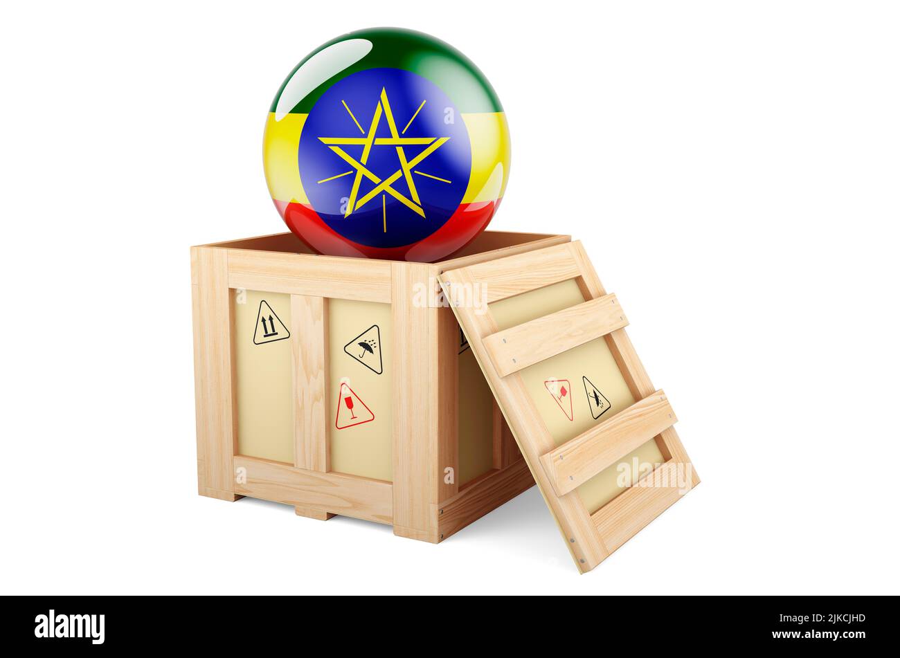 Wooden box, parcel with Ethiopian flag. Shipping and delivery in Ethiopia, concept. 3D rendering
