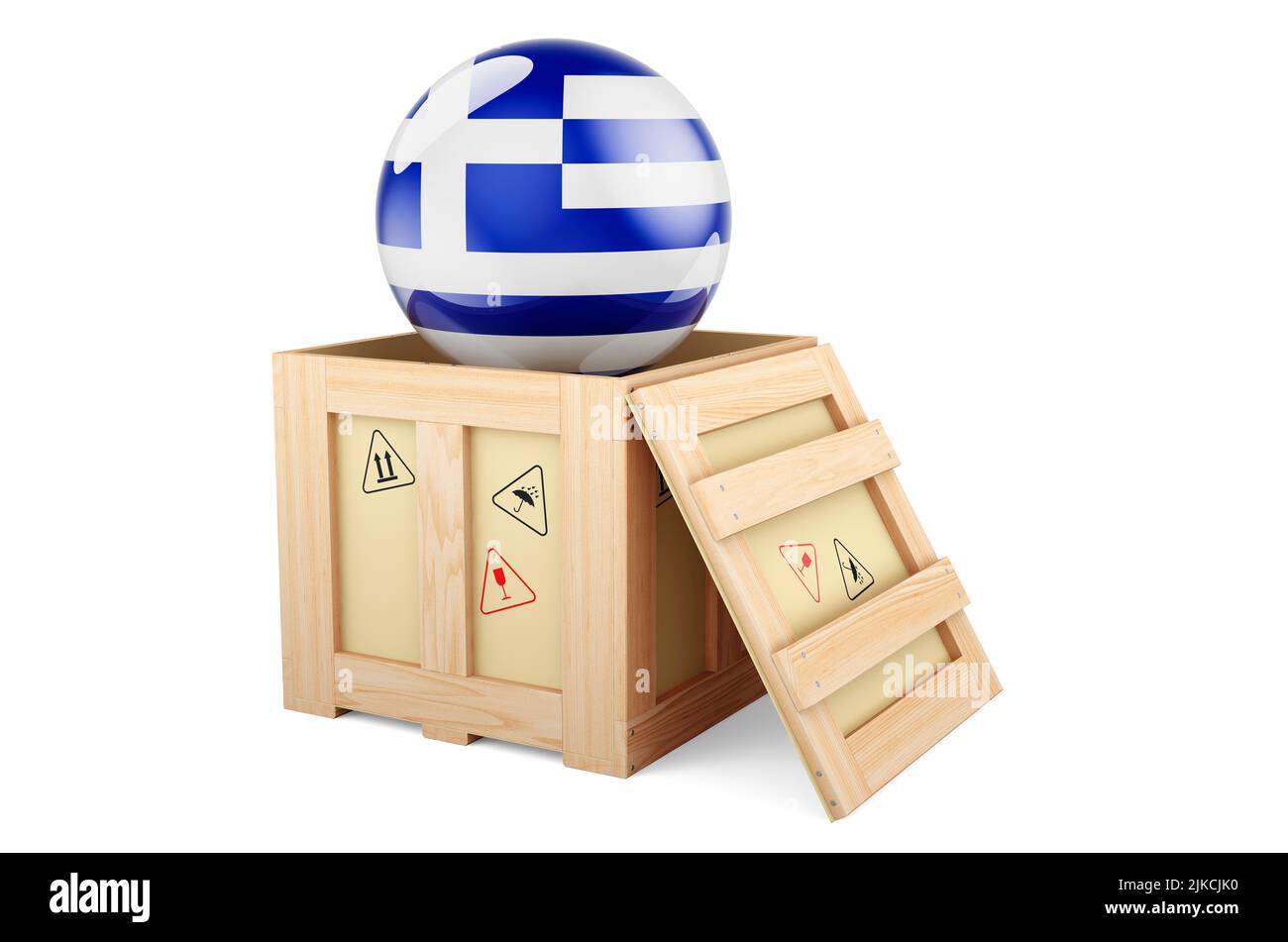 Wooden box, parcel with Greek flag. Shipping and delivery in Greece, concept. 3D rendering isolated on white background Stock Photo
