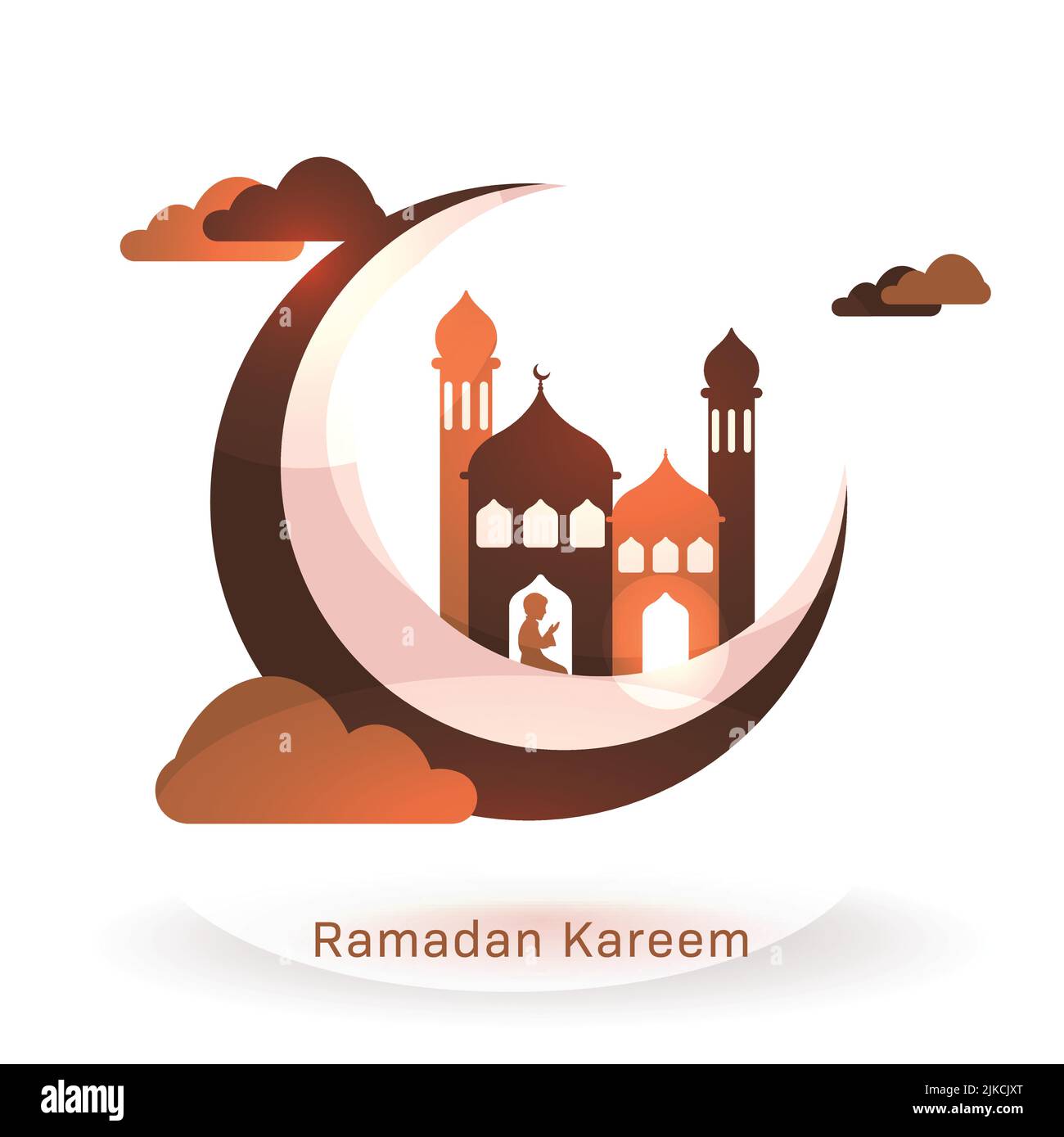 Crescent Moon With Mosque, Silhouette Muslim Man Praying And Clouds On ...