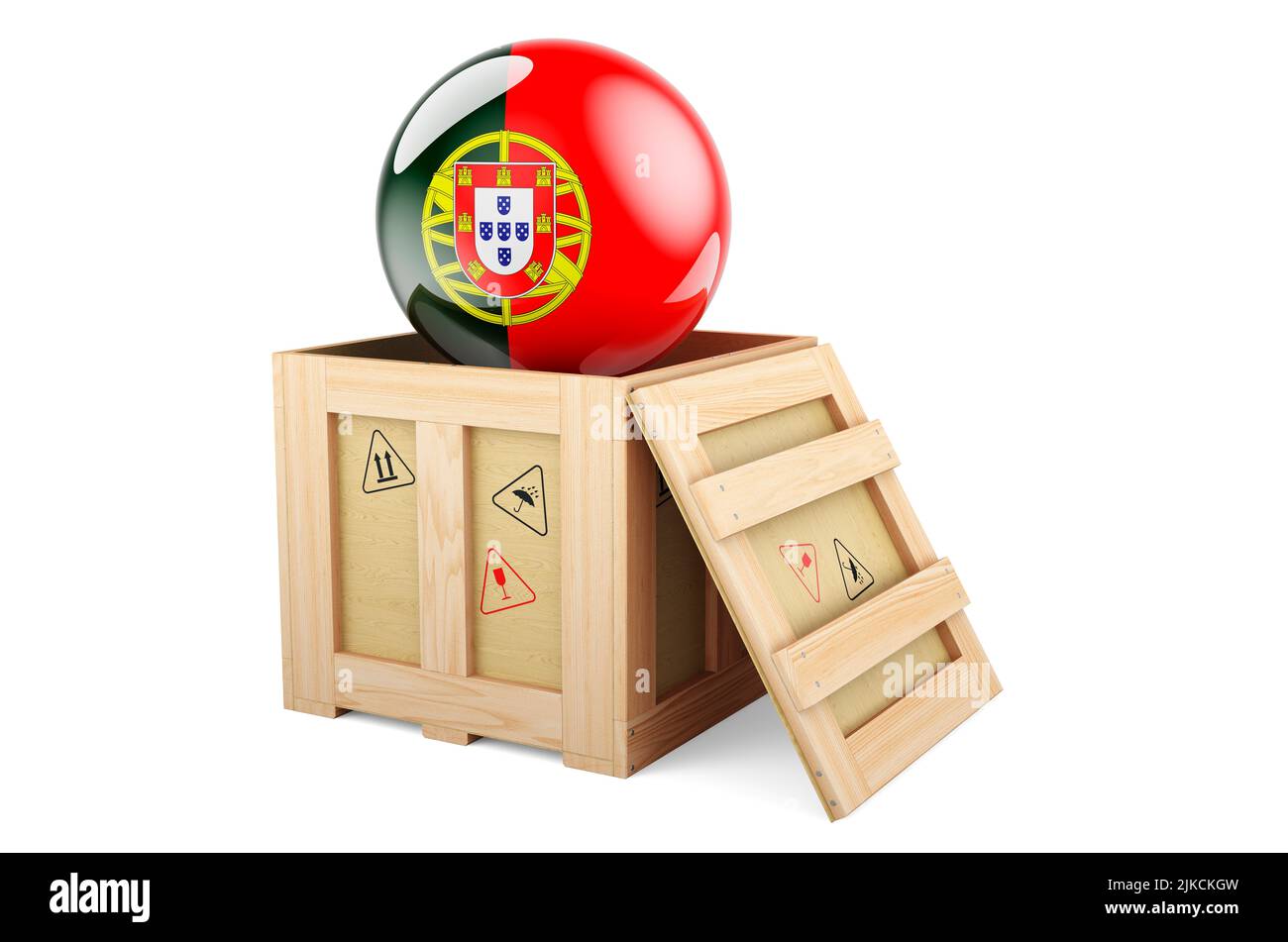 Wooden box, parcel with Portuguese flag. Shipping and delivery in