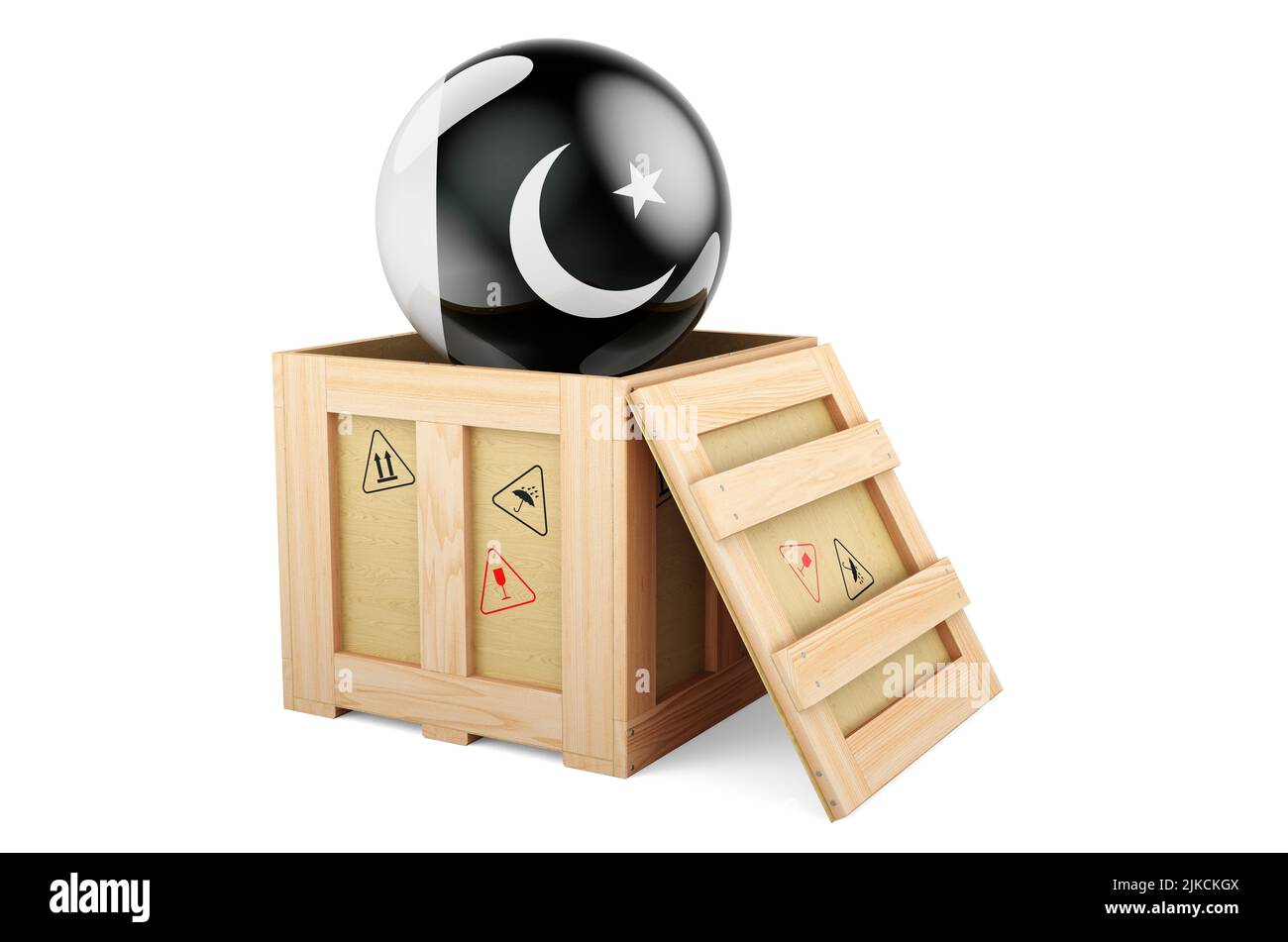 Wooden box, parcel with Pakistani flag. Shipping and delivery in