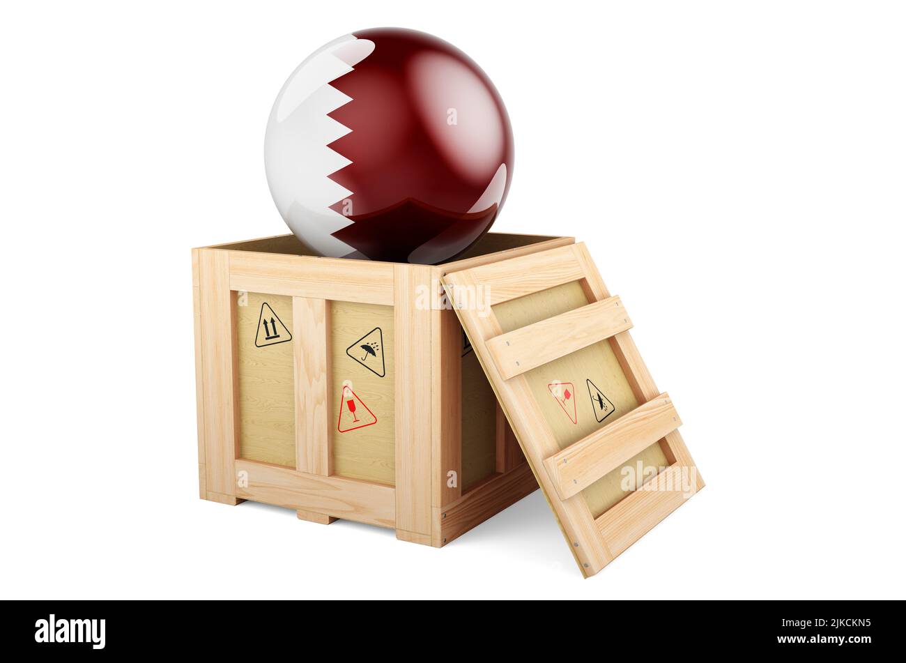 Wooden box, parcel with Qatari flag. Shipping and delivery in Qatar