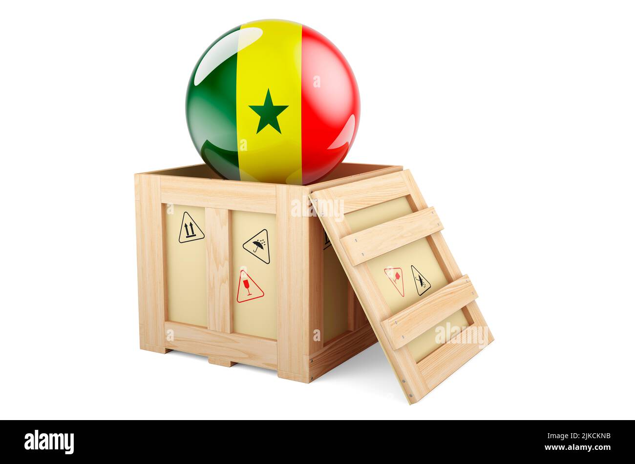 Wooden box, parcel with Senegalese flag. Shipping and delivery in