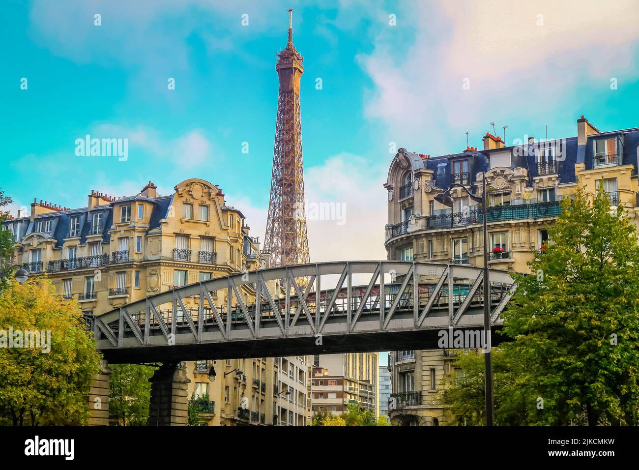 Eiffel tower view from railtrack metro at sunny day, Paris, France