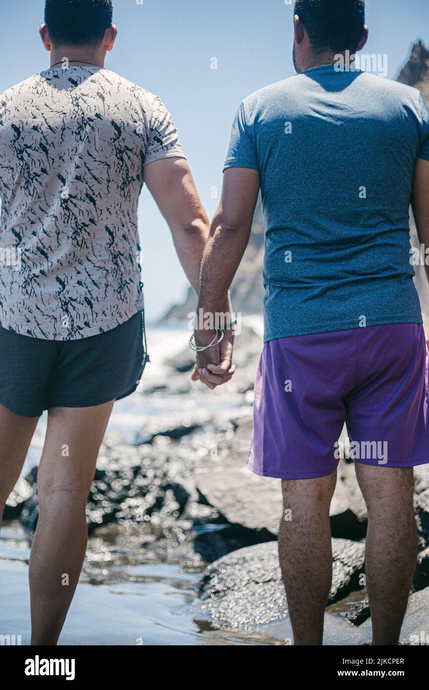 man with his boyfriend holding hands on beach on sunny day Stock Photo