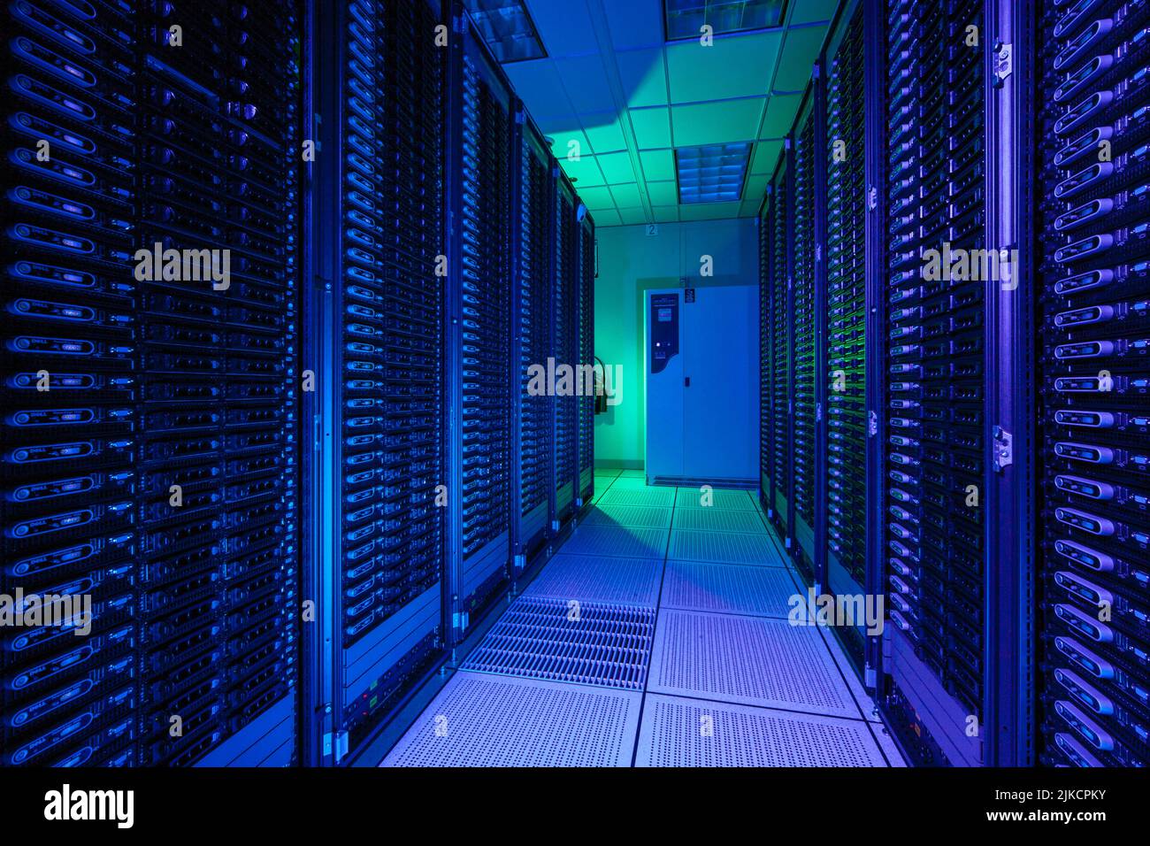 Computing facility in Texas with blue light Stock Photo