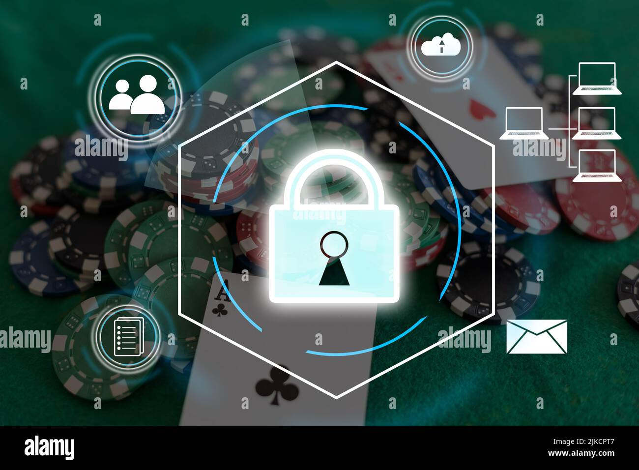 Digital padlock icon, cyber security network and data protection technology on virtual interface screen. Online internet authorized access against Stock Photo