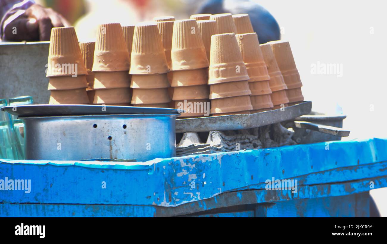 Clay Kulhad Tea Cups in tea shop used to serve authentic Indian drinks