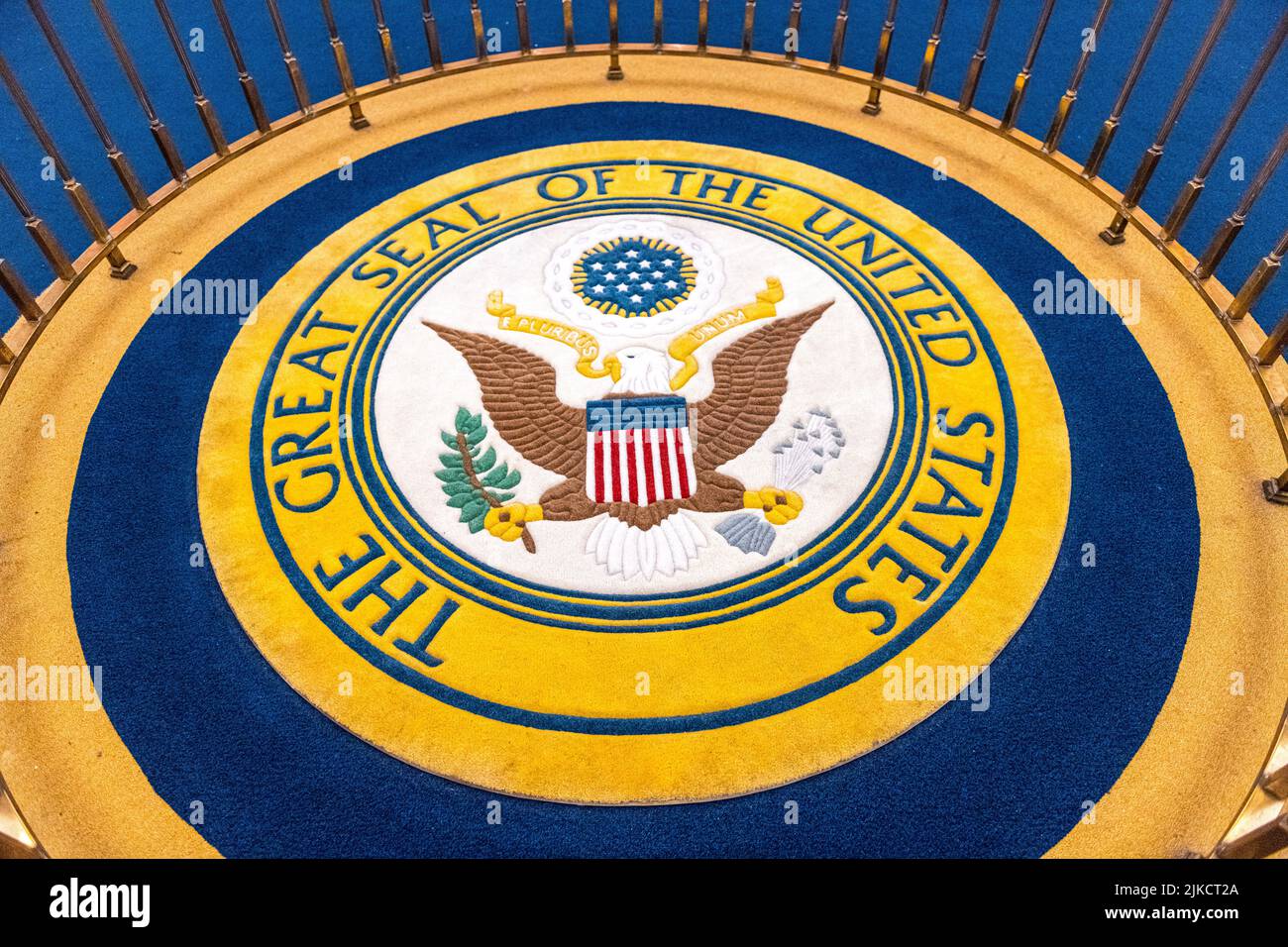 Carpet with the Great Seal of the United States inside the Hall of Presidents. Stock Photo