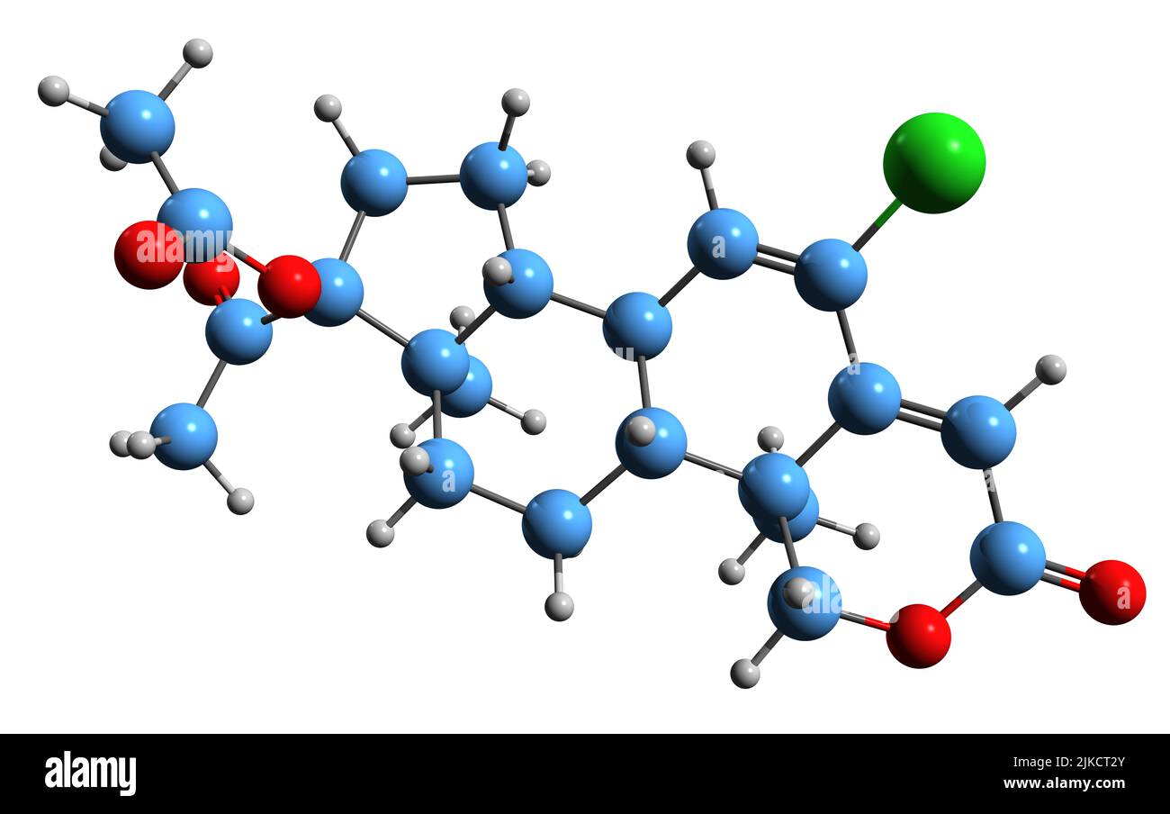 3D image of Osaterone acetate skeletal formula - molecular chemical structure of Steroidal antiandrogen Gestoxarone acetate isolated on white backgrou Stock Photo