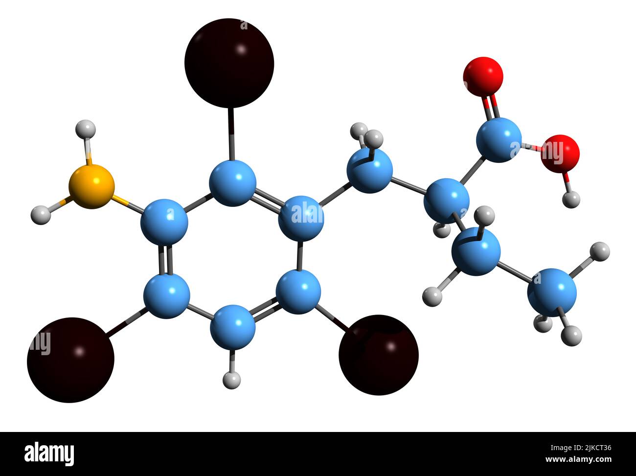 3D image of Iopanoic acid skeletal formula - molecular chemical structure of radiocontrast medium isolated on white background Stock Photo