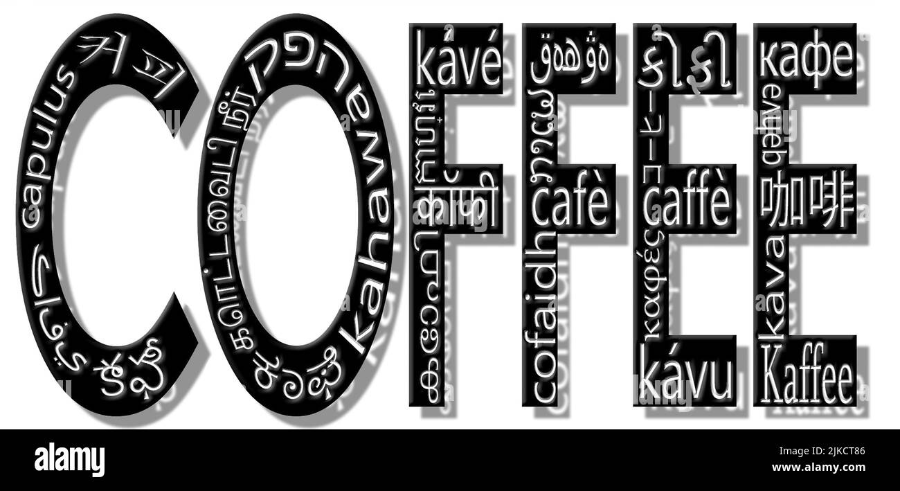 'Coffee' translated into different foreign languages and scripts Stock