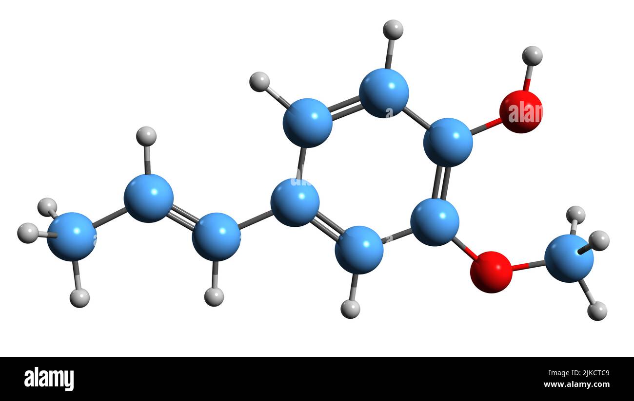 3D image of Isoeugenol skeletal formula - molecular chemical structure of phenylpropene isolated on white background Stock Photo