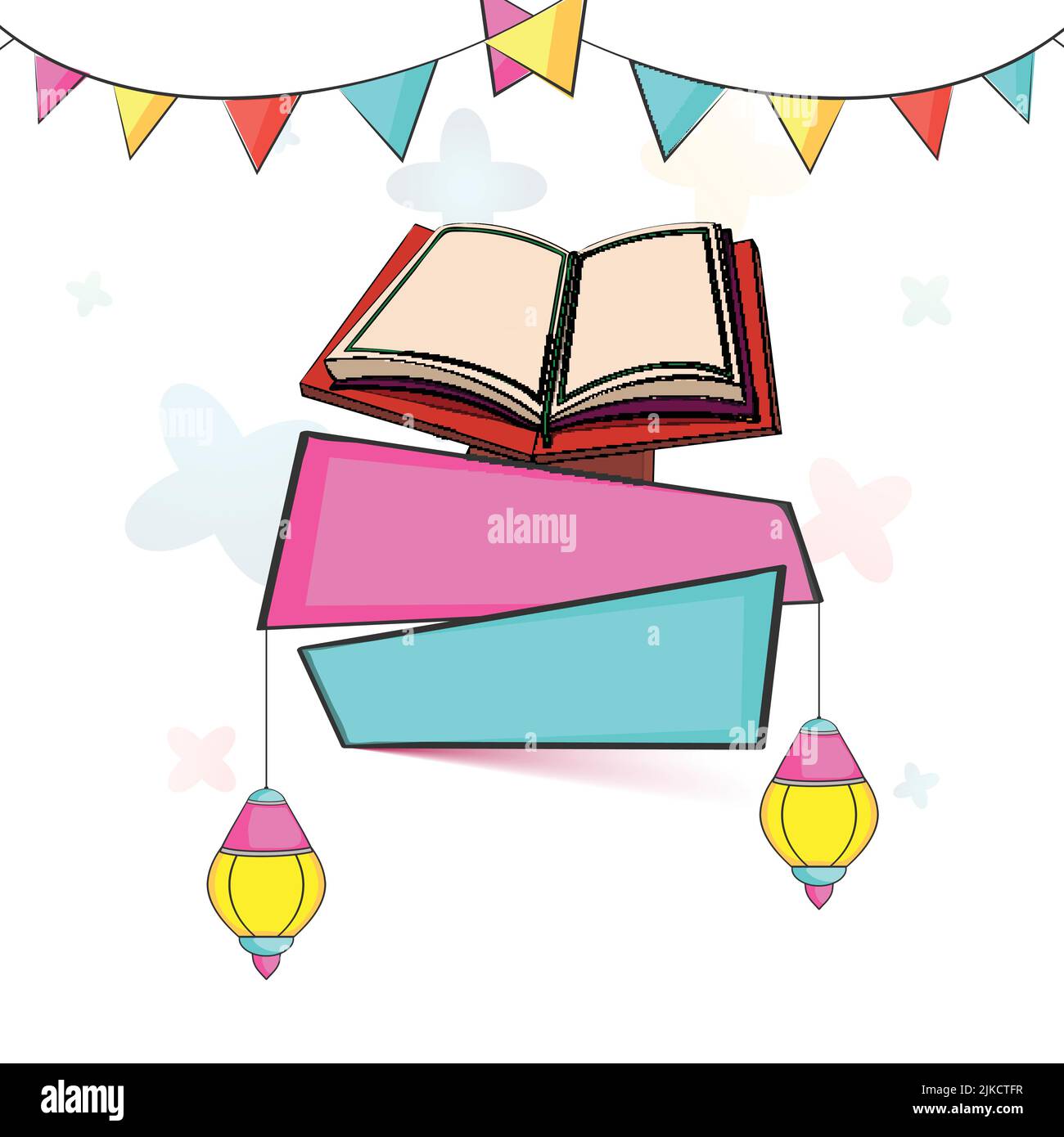 Islamic Holy Book Quran with blank paper banners and hanging lanterns for Muslim Community Festivals celebration. Stock Vector