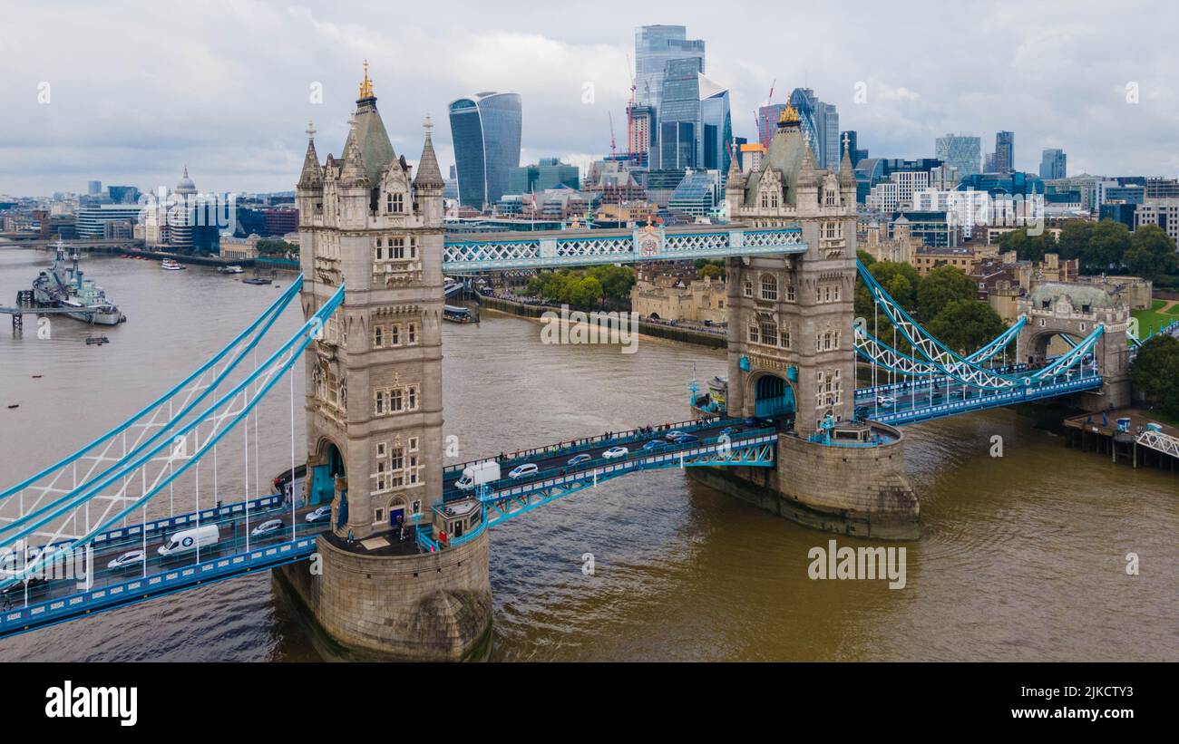Tower Bridge in London aerial drone view Stock Photo