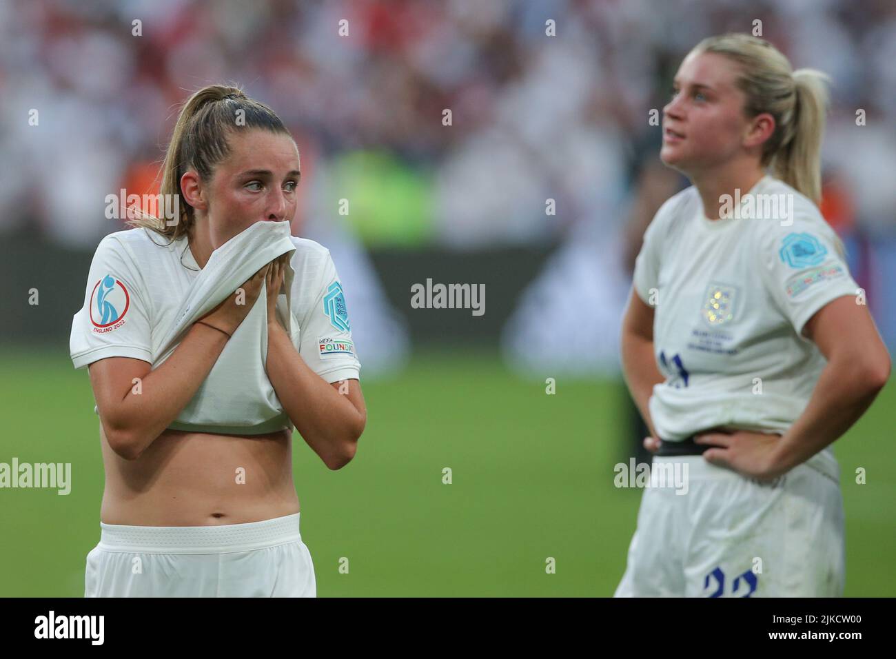 London, England, 31st July 2022. Ella Toone and Alessia Russo of England react following the final whistle of the UEFA Women's European Championship 2022 match at Wembley Stadium, London. Picture credit should read: Jonathan Moscrop / Sportimage Stock Photo