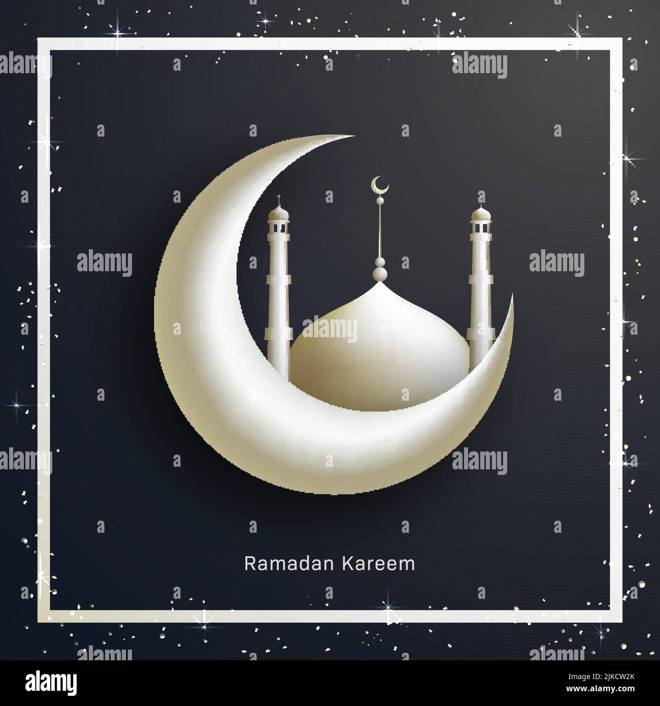 Glossy 3D Crescent Moon With Mosque, Confetti And Light Effect On Border Of Black  Background For Ramadan Kareem Stock Vector Image & Art - Alamy