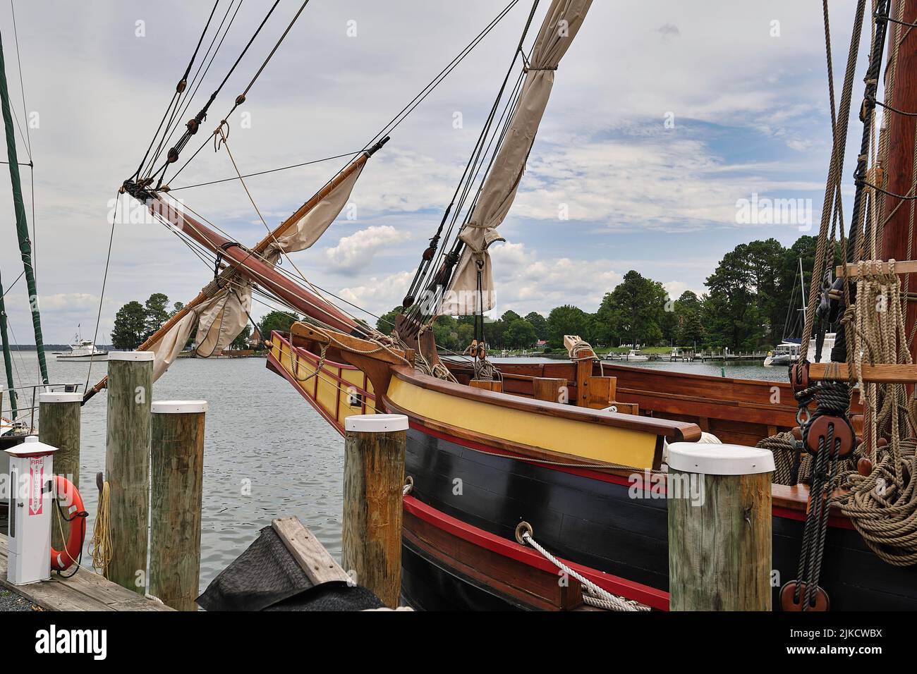 The New Maryland Dove, an historic reproduction of the Dove, sits dockside at the Chesapeake Bay Maritime Museum in St. Michaels, Maryland USA. Stock Photo