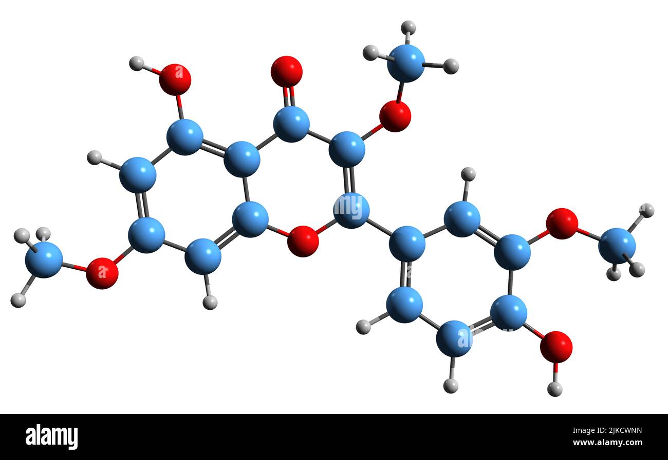 3D image of Pachypodol skeletal formula - molecular chemical structure of O-methylated flavonol isolated on white background Stock Photo