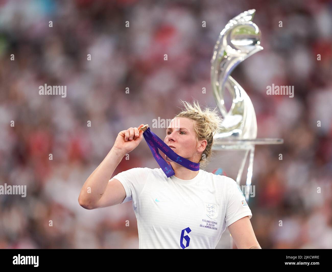 London, UK. 31st July, 2022. London, England, July 31st 2022: Millie Bright (6 England) celebrates their victory of the tournament during the medal ceremony during the UEFA Womens Euro 2022 Final football match between England and Germany at Wembley Stadium, England. (Daniela Porcelli/SPP) Credit: SPP Sport Press Photo. /Alamy Live News Stock Photo