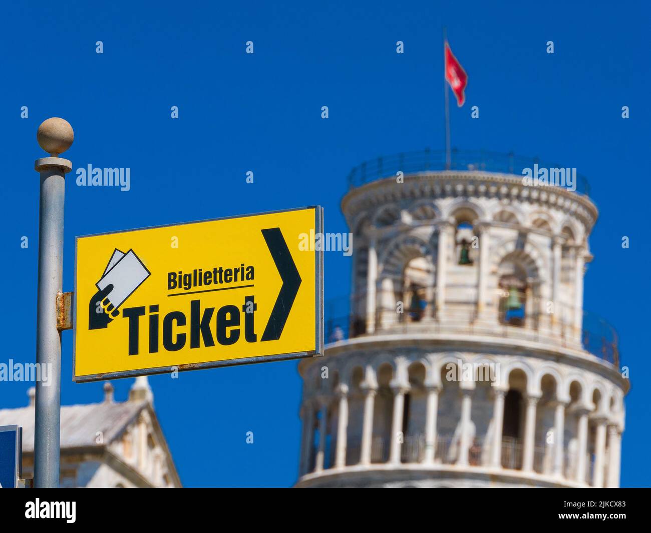 Tourism in Pisa. The famous Leaning Tower and ticket office Stock Photo