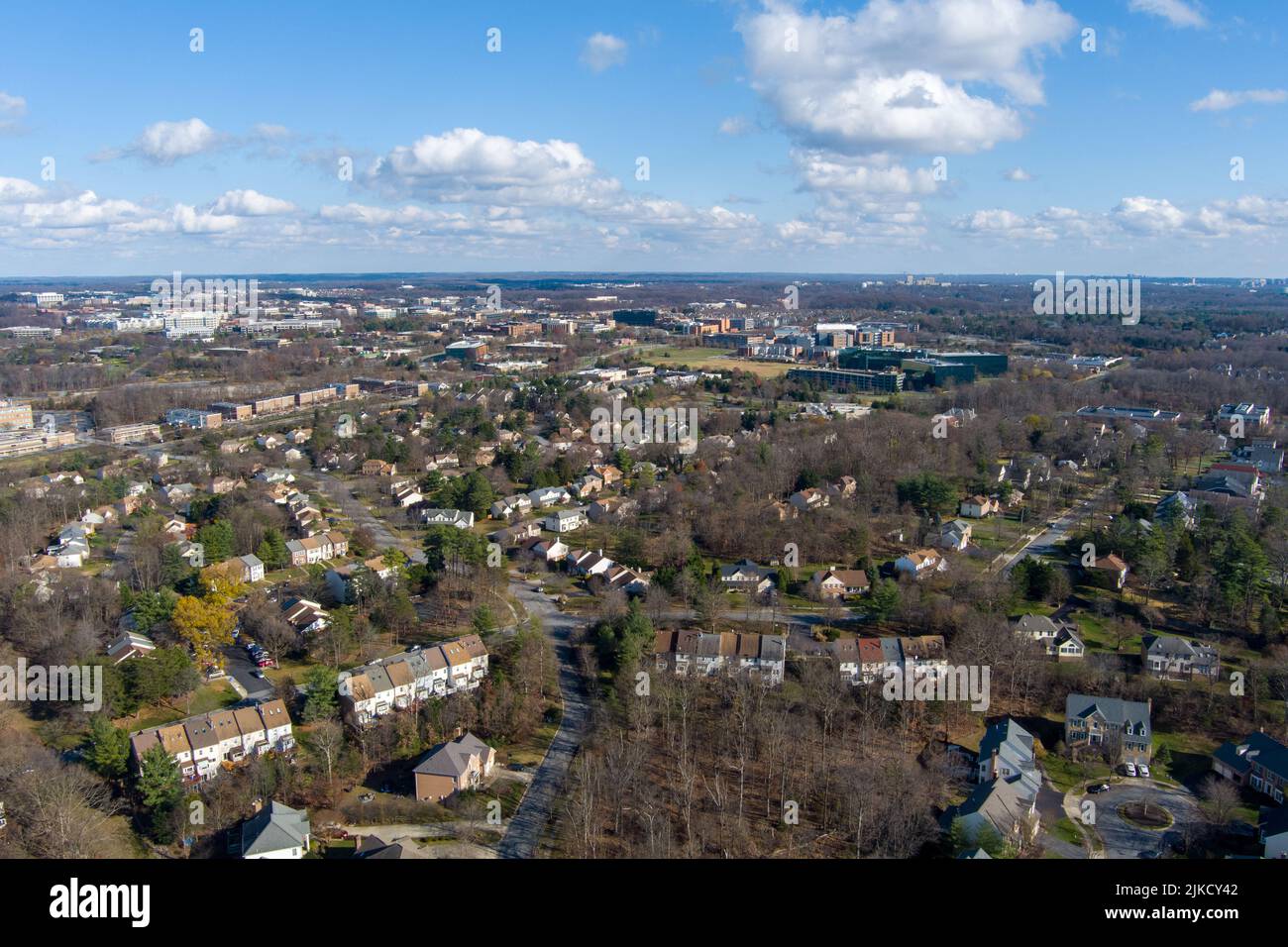 Aerial view of the Hunting Hills Woods neighborhood in Rockville, Montgomery County, Maryland