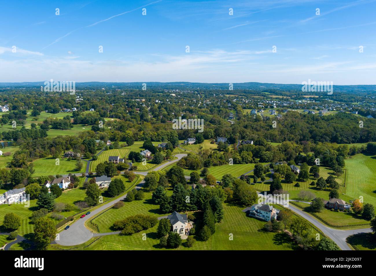 Aerial view of the Farmington on the Green subdivision in Purcellville