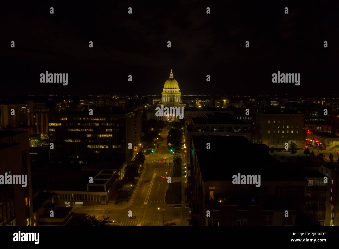 Nighttime aerial view of the Wisconsin State Capitol building in Madison, Dane County, Wisconsin. Stock Photo